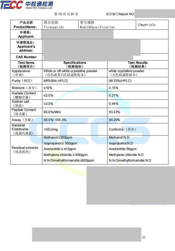 Informe de laboratorio de tirzepatida, HuNan TECC Testing