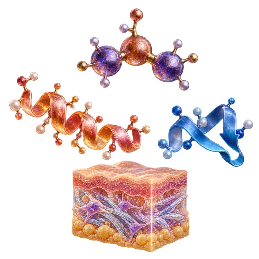Ilustración de un tripéptido, estructuras de proteína y un corte de piel